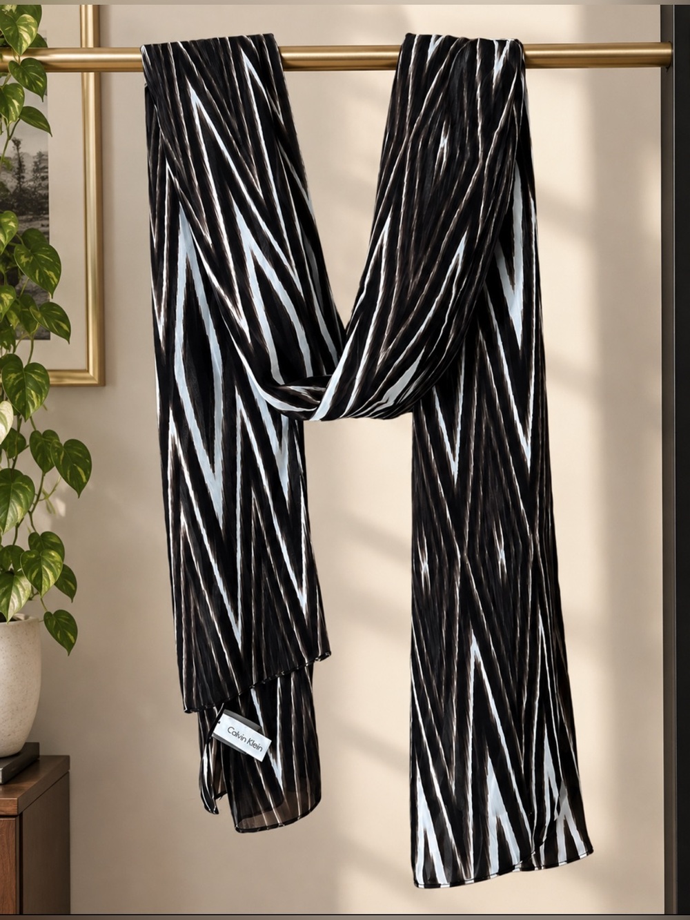 Calvin Klein Black White Abstract Zebra Print Scarf